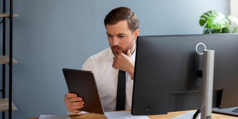 Business professional reviewing information on a tablet while working at a desktop computer in a modern office.
